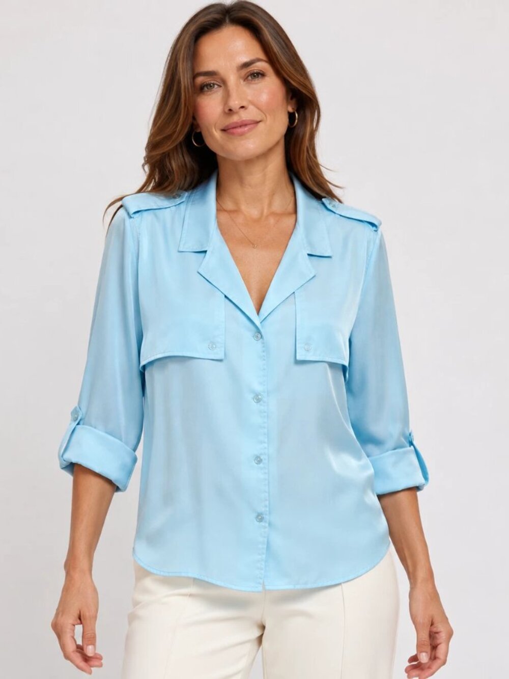 Vintage DVF Diane von Furstenberg Blue Utility Blouse Roll Tab Sleeve 10